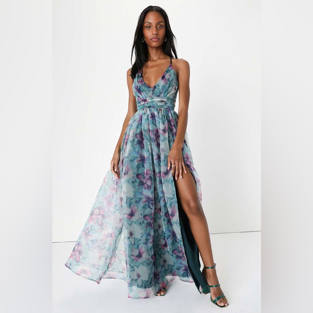 Lulus Romance That Wows Dark Teal Floral Print Organza Maxi Dress Size XXL